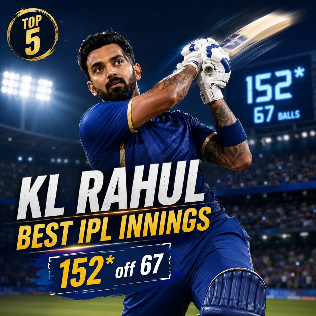 KL Rahul best IPL innings graphic featuring his 152* off 67 balls against Punjab Kings in IPL 2026, ranked No. 1 among his top five IPL knocks.