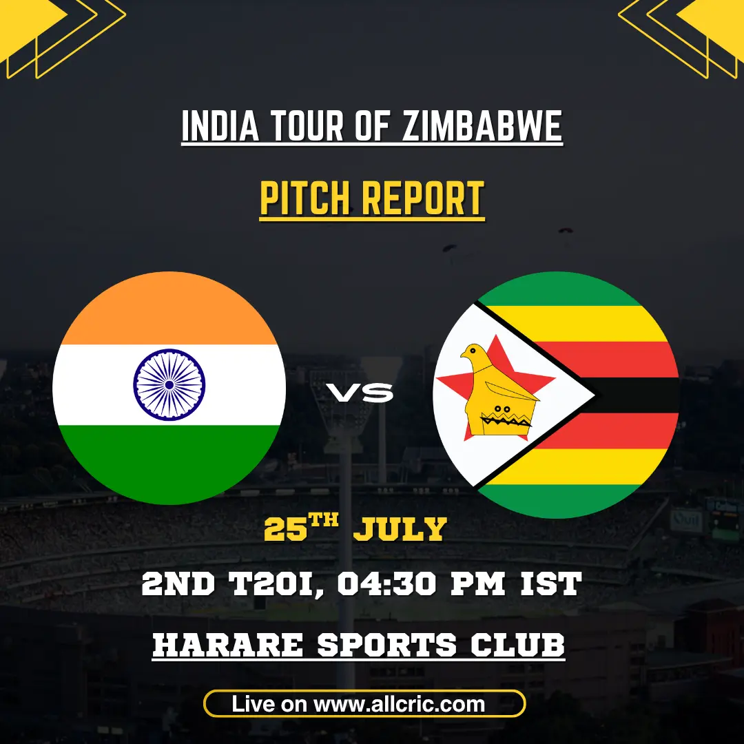 ZIM vs IND 2nd T20 pitch report at Harare Sports Club, showing early seam assistance before the surface becomes easier for batting.