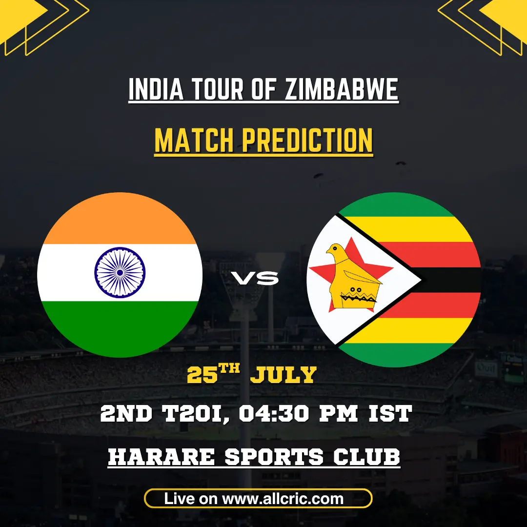 ZIM vs IND today match prediction for Zimbabwe vs India 2nd T20I at Harare Sports Club, with India leading the series 1-0.