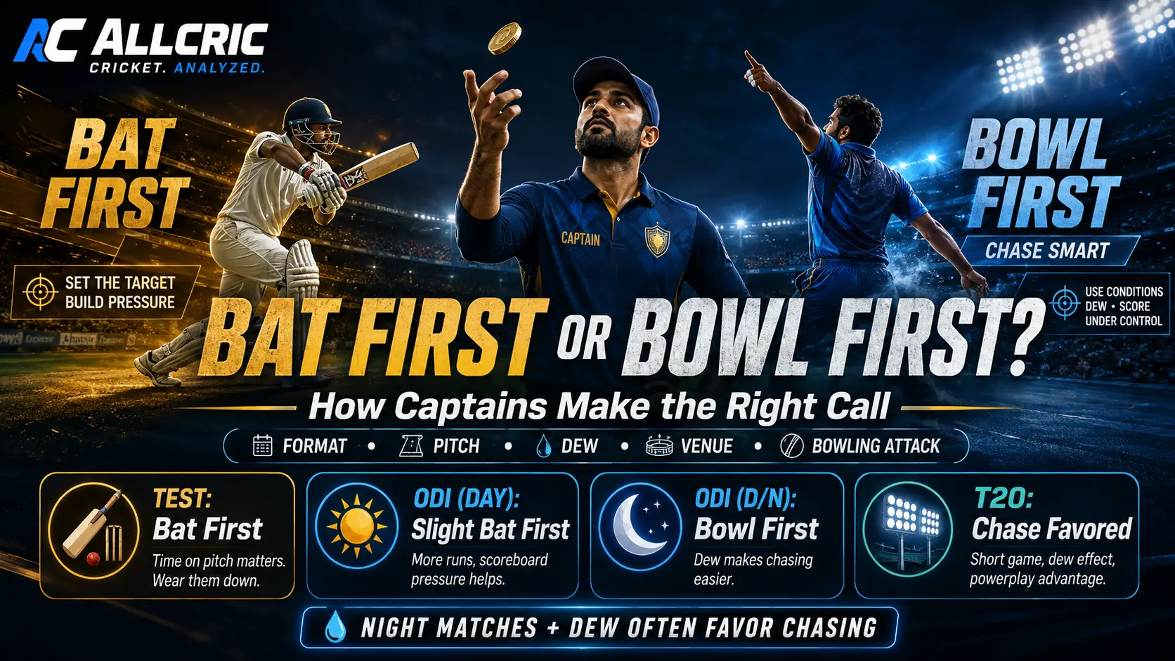Bat first or bowl first in cricket graphic showing a captain at the toss, batting and bowling scenarios, and format-based strategy for Tests, ODIs and T20s.