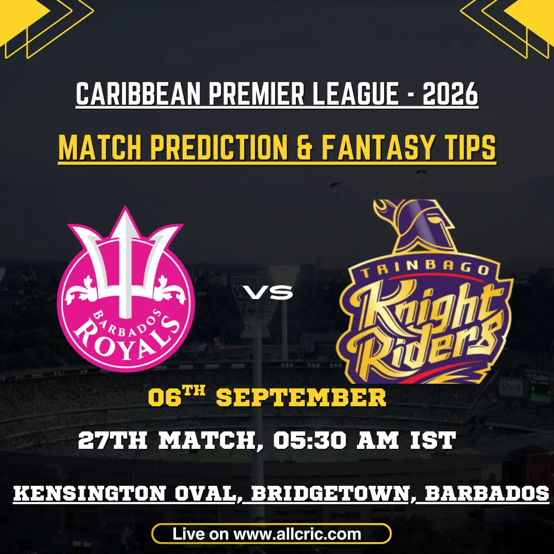 BT vs TKR today match prediction graphic for Barbados Tridents vs Trinbago Knight Riders, CPL 2026 Match 27 at Kensington Oval, featuring BT vs TKR fantasy tips and fantasy team preview.