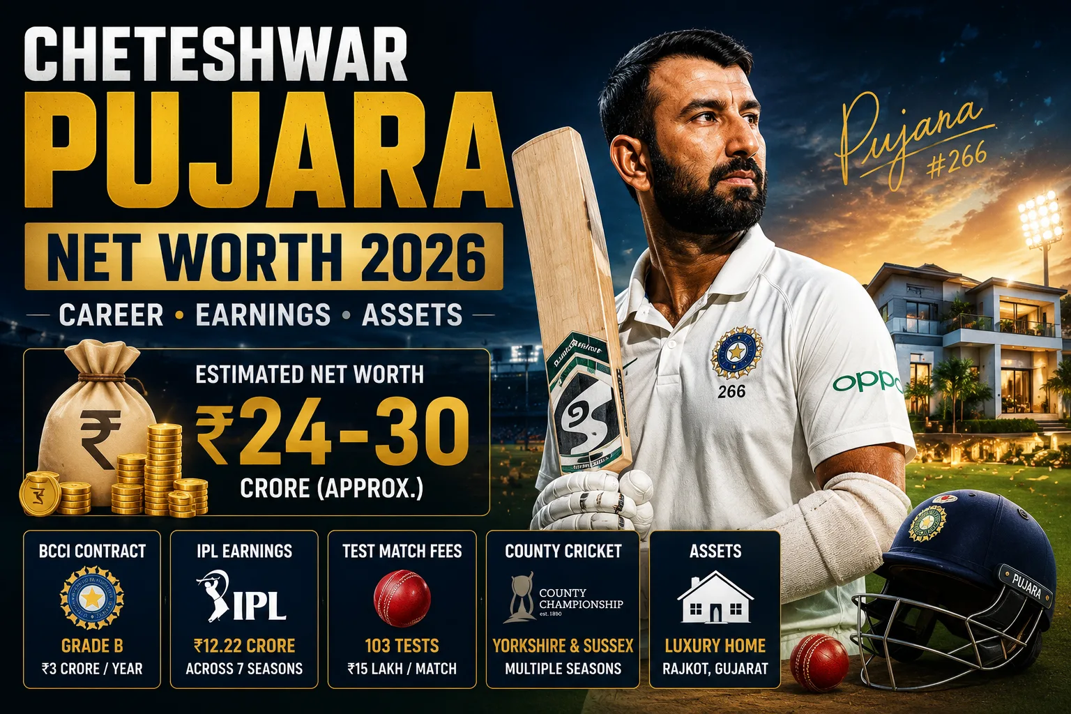 Cheteshwar Pujara net worth 2026 graphic showing an estimated ₹24–30 crore net worth, ₹12.22 crore IPL earnings, BCCI Grade B contract, Test career and Rajkot home.