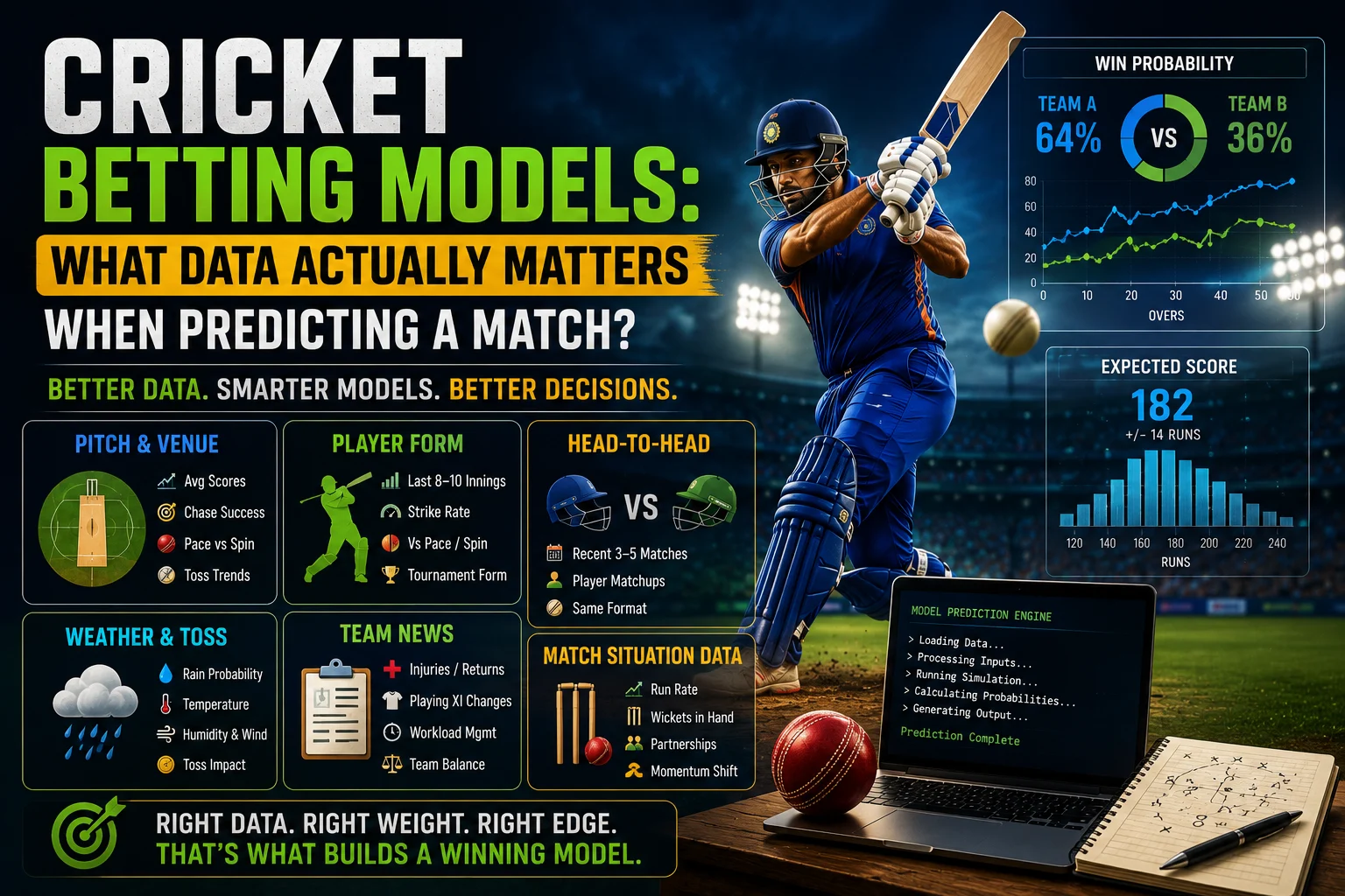 Cricket betting models infographic showing pitch and venue data, player form, head-to-head records, weather, team news and live match data used to predict win probability and expected scores.