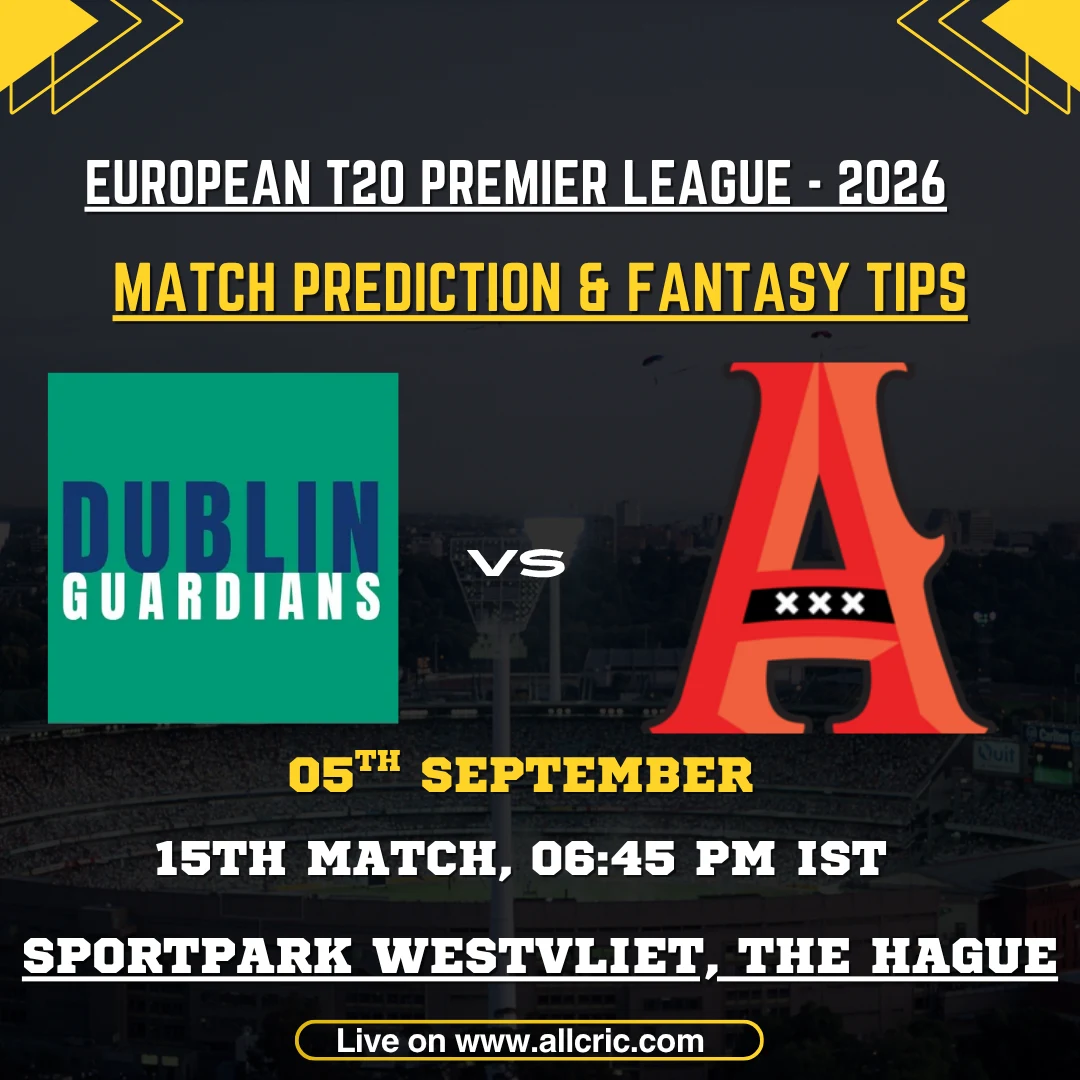 DBG vs ADF today match prediction graphic for Dublin Guardians vs Amsterdam Flames, ETPL 2026 Match 15 at Sportpark Westvliet, featuring DBG vs ADF fantasy tips and fantasy team preview.