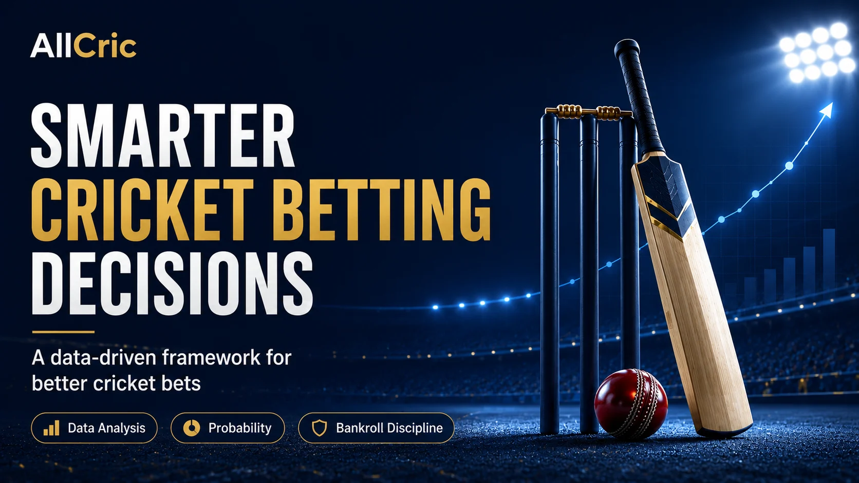 Smarter cricket betting decisions graphic showing a cricket bat, ball and stumps with an upward data chart, highlighting data analysis, probability and bankroll discipline as key parts of a structured betting framework.
