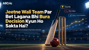 Favorite vs underdog cricket betting graphic jo explain karta hai ki favorite ki win probability zyada aur odds shorter hote hain, lekin underdog kabhi-kabhi better betting value de sakta hai.
