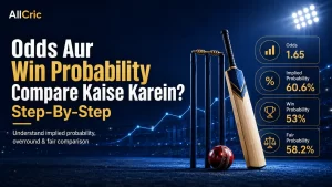 Odds aur win probability compare karne ka cricket betting guide, jisme 1.65 odds, 60.6% implied probability, 53% model win probability aur 58.2% fair probability dikhayi gayi hai.