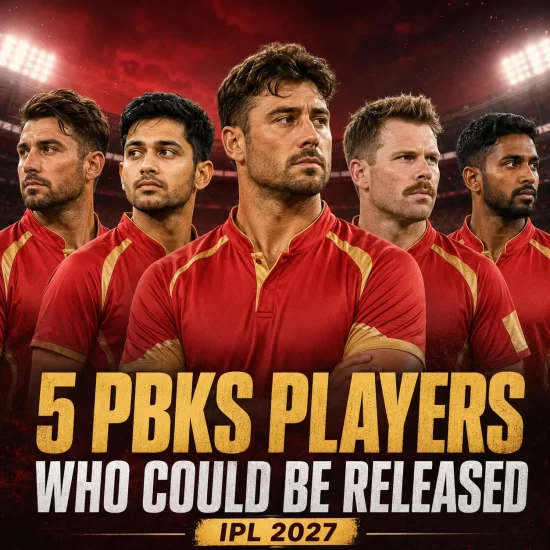 Punjab Kings players Marcus Stoinis, Nehal Wadhera, Lockie Ferguson, Ben Dwarshuis, and Vishnu Vinod featured as five PBKS players who could be released before IPL 2027 based on their IPL 2026 performances.