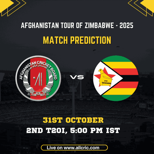 Afghanistan vs Zimbabwe 2nd T20I 2025 match graphic showing both national flags and details of the fixture at Harare Sports Club on 31 October 2025. Includes schedule and branding for AllCric’s afg vs zim today match prediction, zim vs afg match prediction, afg vs zim t20 prediction, and zim vs afg team prediction.