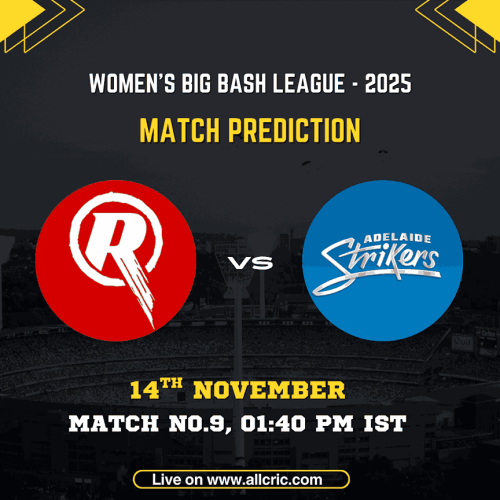 WBBL 2025 Match Prediction — Melbourne Renegades Women (MR-W) vs Adelaide Strikers Women (AS-W) on 14th November at 1:40 PM IST. The image features both team logos and key match details for fantasy cricket fans and Dream11 players