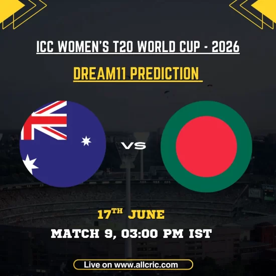AUS-W vs BAN-W Dream11 prediction today match graphic for ICC Women’s T20 World Cup 2026 Match 9 at Headingley, Leeds. Features Australia Women and Bangladesh Women flags with match details, Dream11 fantasy team prediction, captain and vice-captain picks, top fantasy players, and match-winning insights for AUS-W vs BAN-W.
