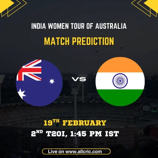 AUS-W vs IND-W Today Match Prediction – Australia Women vs India Women 2nd T20I match prediction graphic for the India Women Tour of Australia, scheduled on 19th February 2026 at 1:45 PM IST, featuring the Australian and Indian national flags facing off with match details displayed on a stadium background.