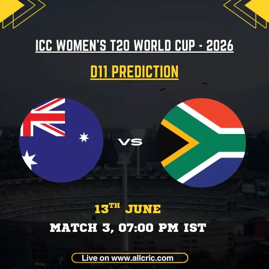 AUS-W vs SA-W Dream11 prediction today match graphic for the ICC Women’s T20 World Cup 2026 featuring Australia Women and South Africa Women at Old Trafford, Manchester. The image highlights Dream11 team prediction, fantasy picks, captain and vice-captain choices for the AUS-W vs SA-W clash.