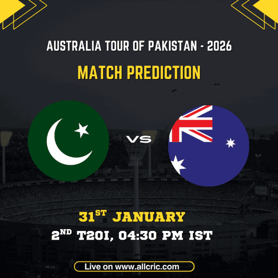 Pakistan vs Australia 2nd T20I match prediction graphic featuring national flags, match details for January 31st 2026 at 4:30 PM IST at Gaddafi Stadium Lahore, with Dream11 team analysis and today's match prediction