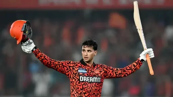 Abhishek Sharma celebrating a batting milestone for Sunrisers Hyderabad in the IPL
