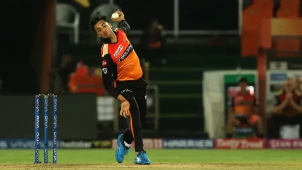 Abhishek Sharma bowling slow left-arm orthodox spin for Sunrisers Hyderabad in the IPL