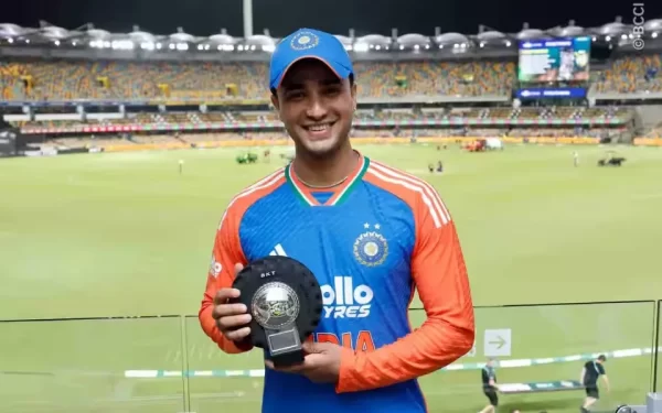 Abhishek Sharma holding a match award while representing India in T20 international cricket