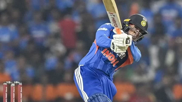 Abhishek Sharma playing an aggressive lofted shot for India in a T20 international match