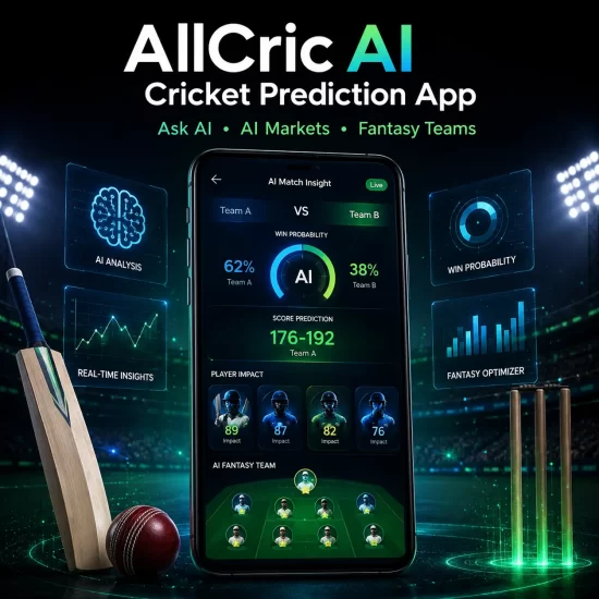 AllCric AI Cricket Prediction App interface showcasing AI match insights, live win probability, score prediction, AI fantasy team builder, player impact analysis, AI Markets, and real-time cricket analytics for fantasy cricket.