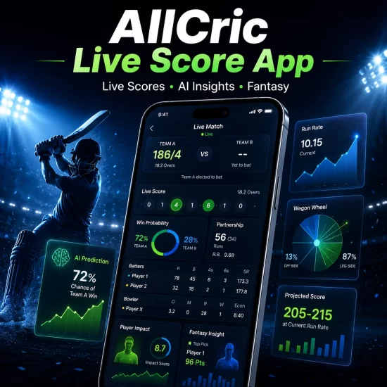 AllCric Live Score App interface showcasing live cricket scores, AI win probability, fantasy insights, projected score, run rate, and real-time match analytics, highlighting AI-powered features for cricket fans in 2026.