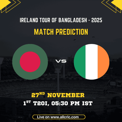 A match-prediction graphic for the 1st T20I between Bangladesh and Ireland in the Ireland Tour of Bangladesh 2025, featuring both national flags, match date 27th November, timing 05:30 PM IST, and AllCric branding. Ideal for Ban vs Ire Dream11 prediction today match, Ban vs Ire match prediction, and Ban vs Ire team prediction SEO usage.
