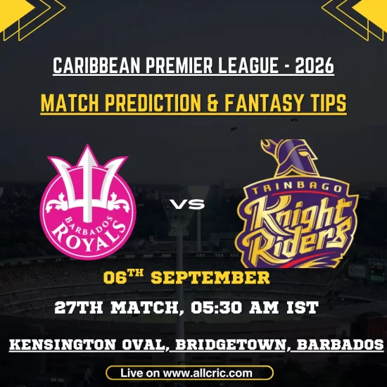 BT vs TKR today match prediction graphic for Barbados Tridents vs Trinbago Knight Riders, CPL 2026 Match 27 at Kensington Oval, featuring BT vs TKR fantasy tips and fantasy team preview.