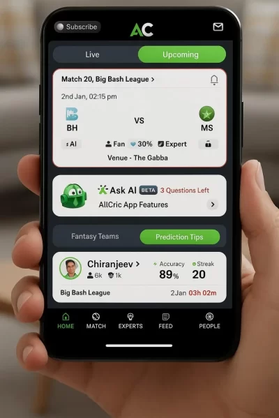 AI match prediction app AllCric showing cricket match prediction, win probability cricket analytics, and cricket predictions with AI on a smartphone screen.