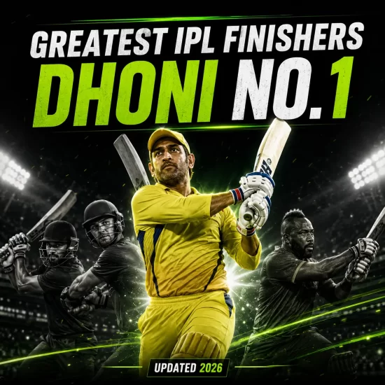 MS Dhoni featured as the No. 1 greatest IPL finisher of all time in a cricket stadium graphic. The image highlights Dhoni in Chennai Super Kings colors alongside legendary finishers, emphasizing his unmatched finishing ability, match-winning chases, and legacy as the best finisher in IPL history.