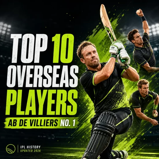 AB de Villiers ranked No. 1 among the greatest overseas players in IPL history. The graphic features the South African legend batting, bowling, and fielding under stadium lights, highlighting his all-round impact, 5,162 IPL runs, and status as the most complete overseas IPL player.