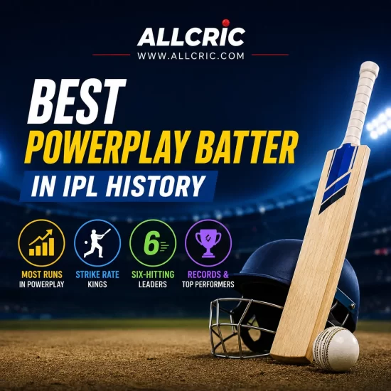 Best powerplay batter in IPL history graphic with bat, helmet and ball, highlighting most powerplay runs, strike-rate kings, six-hitting leaders, and top performers.