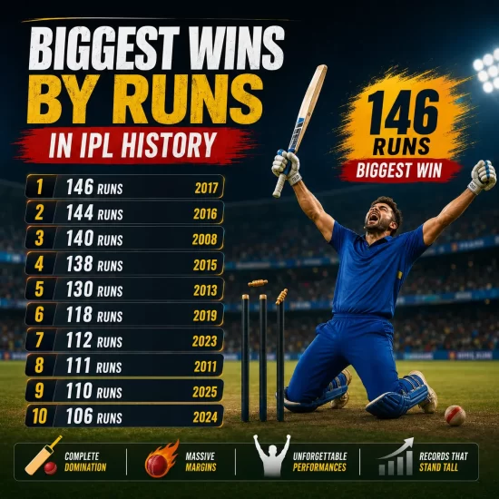 Biggest wins by runs in IPL history graphic showing Mumbai Indians’ record 146-run victory over Delhi Daredevils in 2017.