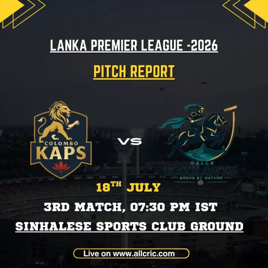 CK vs GG pitch report today graphic for Colombo Kaps vs Galle Gallants at Sinhalese Sports Club Ground, Colombo in LPL 2026.