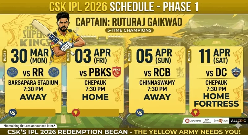 Chennai Super Kings IPL 2026 schedule Phase 1 showing fixtures vs Rajasthan Royals, Punjab Kings, Royal Challengers Bengaluru, and Delhi Capitals from March 30 to April 11 with venues and match timings