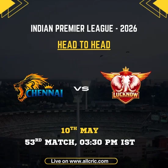 CSK vs LSG head to head today IPL 2026 poster featuring Chennai Super Kings vs Lucknow Super Giants, 53rd match on May 10 at 3:30 PM IST with team logos and match details.
