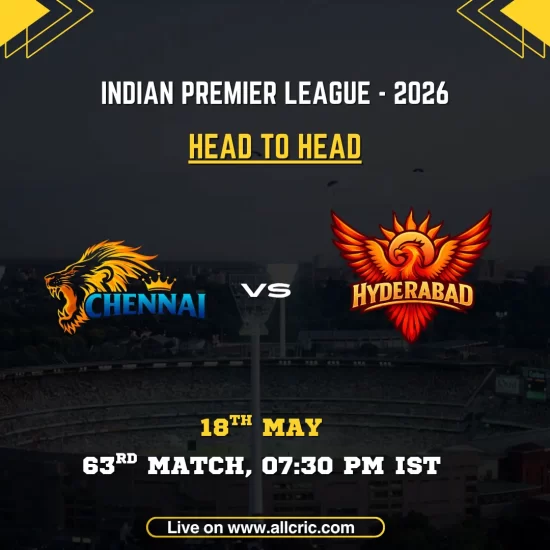 CSK vs SRH head to head today IPL 2026 poster featuring Chennai Super Kings vs Sunrisers Hyderabad, 63rd match on May 18 at 7:30 PM IST with team logos.