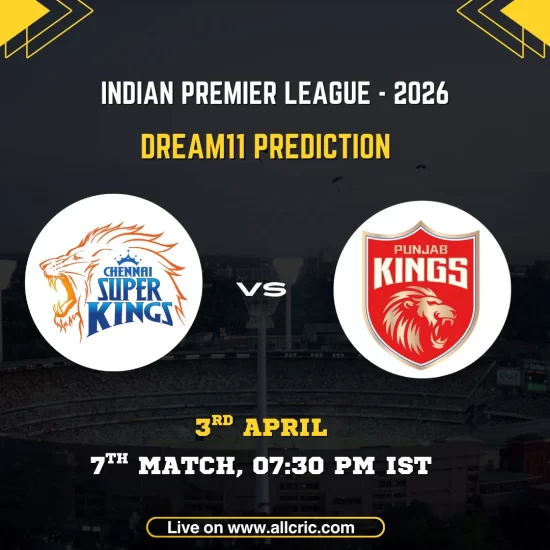 IPL 2026 Dream11 prediction match card for Chennai Super Kings vs Punjab Kings, 7th Match. The CSK orange and blue lion crest and Punjab Kings red shield with gold lion logo displayed in circular frames on either side of a "VS" marker against a dark stadium backdrop. Match details read: 7th Match, 3rd April, 07:30 PM IST. Website URL allcric.com shown at the bottom.