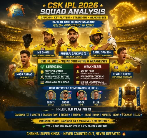 CSK IPL 2026 squad analysis infographic with Ruturaj Gaikwad, MS Dhoni, Sanju Samson, key players, strengths and weaknesses