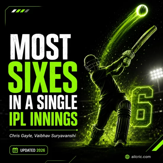 Infographic for most sixes in a single IPL innings, featuring a power-hitting batter, Chris Gayle and Vaibhav Suryavanshi mention, updated 2026, with AllCric branding.
