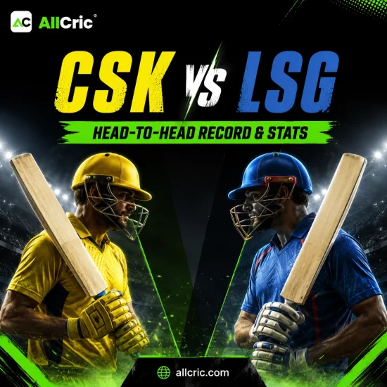 Square AllCric graphic for CSK vs LSG head-to-head record and stats in the IPL, showing two opposing batsmen in yellow and blue kits with bold match-up heading on a dark stadium background.