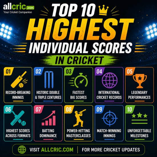 Top 10 highest individual scores in cricket infographic showing record breaking innings and historic performances by AllCric