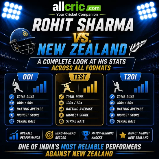 Rohit Sharma vs New Zealand stats infographic across ODI Test and T20I formats featuring runs centuries batting average and strike rate