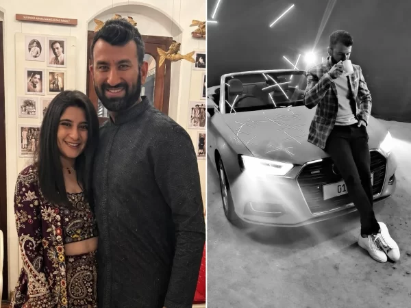 Cheteshwar Pujara lifestyle collage featuring his wife, luxury car and personal life, highlighting his house and car collection.