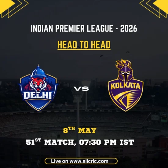 DC vs KKR head to head today IPL 2026 poster featuring Delhi Capitals vs Kolkata Knight Riders, 51st match on May 8 at 7:30 PM IST with team logos and match details.