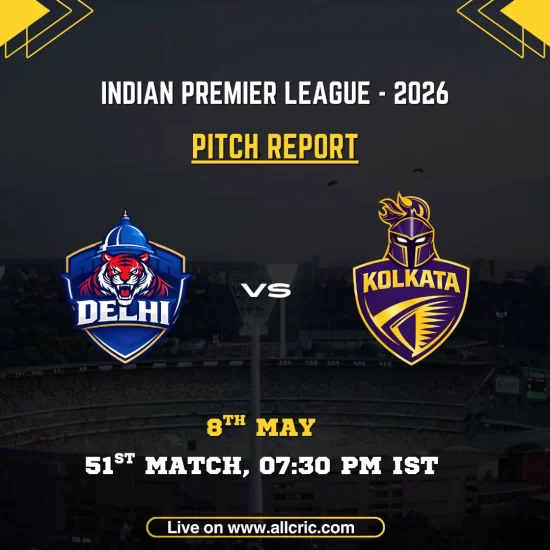 DC vs KKR pitch report IPL 2026 poster featuring Delhi Capitals vs Kolkata Knight Riders, 51st match on May 8 at 7:30 PM IST at Arun Jaitley Stadium.