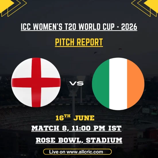 ENG-W vs IRE-W pitch report today for ICC Women’s T20 World Cup 2026 at The Rose Bowl, Southampton. Graphic features England Women vs Ireland Women with venue details and match schedule. Includes Rose Bowl Southampton pitch report WT20 analysis, batting-friendly conditions, morning swing for seamers, expected scores, and Rose Bowl Southampton pitch report batting or bowling insights.