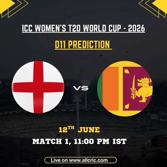 ENG-W vs SL-W Dream11 prediction today match graphic for the ICC Women’s T20 World Cup 2026 opener at Edgbaston, Birmingham. The image features England Women and Sri Lanka Women flags, match details, and fantasy cricket branding, highlighting ENG-W vs SL-W Dream11 team prediction, top fantasy picks, captain choices, and match-winning players.