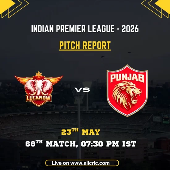 LSG vs PBKS pitch report today IPL 2026 poster featuring Lucknow Super Giants vs Punjab Kings, 68th match at Ekana Cricket Stadium on May 23 at 7:30 PM IST.