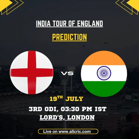 ENG vs IND today match prediction graphic for the 3rd ODI at Lord’s, showing England and India flags with the July 19, 2026 match details.