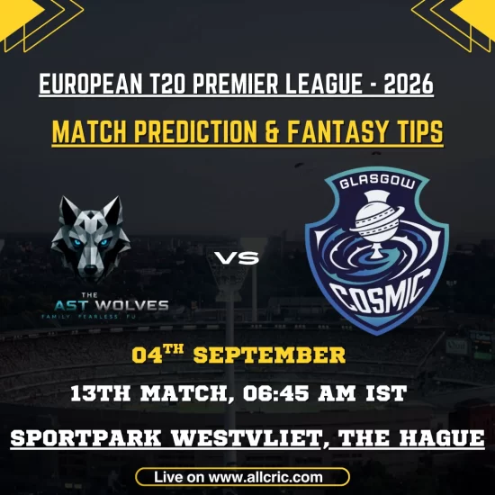 GGC vs BFW today match prediction graphic for Glasgow Cosmic vs Belfast Wolves in the European T20 Premier League 2026, featuring GGC vs BFW fantasy tips and fantasy team preview.
