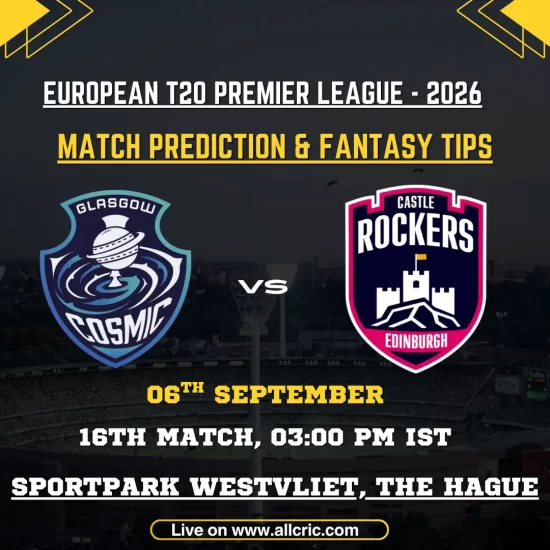 GGC vs ECR today match prediction graphic for Glasgow Cosmic vs Edinburgh Castle Rockers, ETPL 2026 Match 16 at Sportpark Westvliet, featuring GGC vs ECR fantasy tips and fantasy team preview.